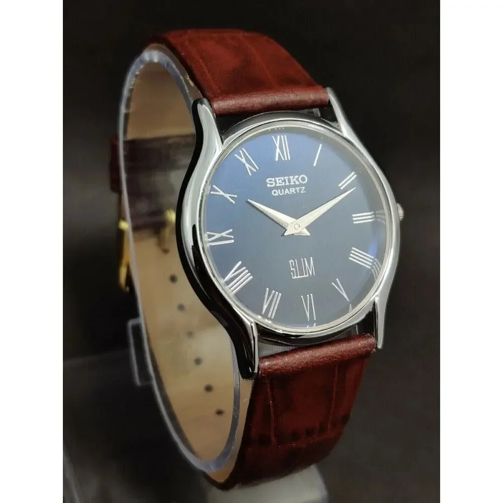 Vintage Style Seiko Quartz Mens Silver Watch & Blue accents W/Leather Strap
